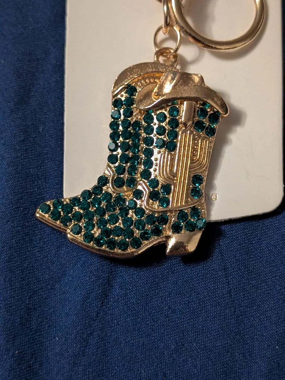 🦋 Pick 1 mint Gold Cowboy Boot Keychains with Clear Or Green Rhinestones